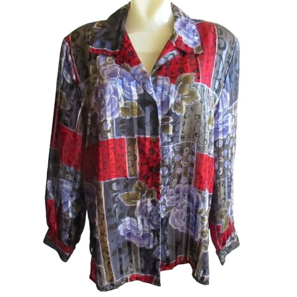 True Vintage 1990's Allison Daley Petites 14 Floral Patchwork Button-Up Blouse - Picture 2 of 5